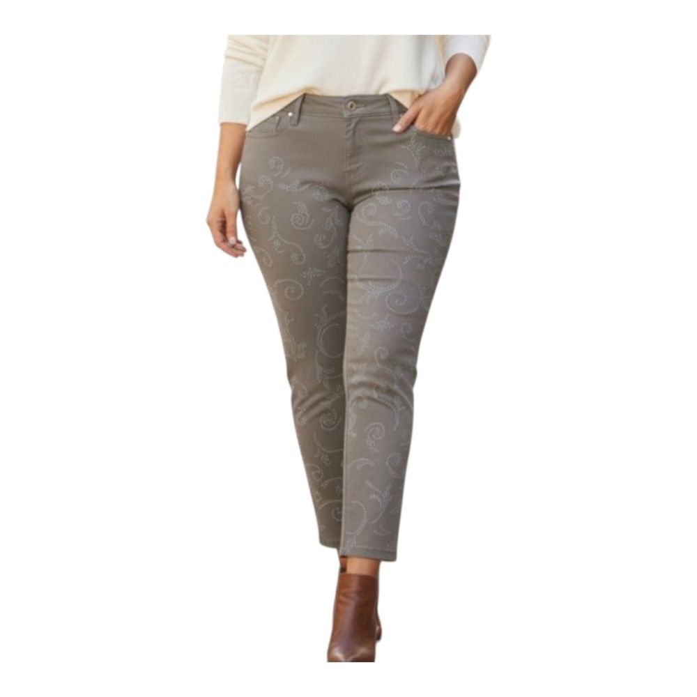 Chico's Studded Perfect Stretch Girlfriend Slim Leg Ankle Jean Taupe 12R EUC